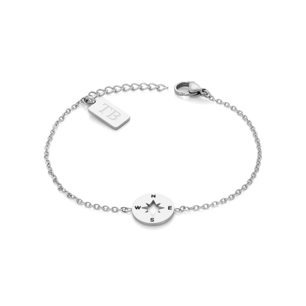 Pulseira Sarah em aço inoxidável para mulher da marca portuguesa Twobrothers. Pulseira com pendente em forma de bússola e marcação dos pontos cardeais presentes na rosa dos ventos.