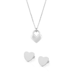 Acessórios de moda em aço inoxidável hipoalergénico para mulher - Conjunto Colar Gretna e Brincos Heart Silver da marca Portuguesa Twobrothers