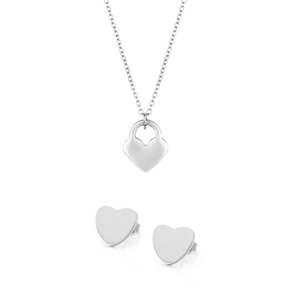 Acessórios de moda em aço inoxidável hipoalergénico para mulher - Conjunto Colar Gretna e Brincos Heart Silver da marca Portuguesa Twobrothers