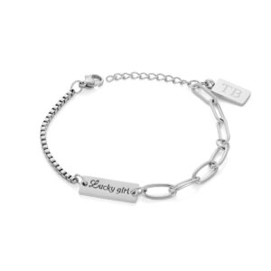 Pulseira Lucky Girl para mulher em aço inoxidável com chapa para rapariga sortuda da marca portuguesa Twobrothers.