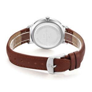 Verso e bracelete do Relógio Classy Evelyn Brown em aço inoxidável e bracelete de pele castanha para mulher com mostrador cor de rosa elegante da marca portuguesa Twobrothers