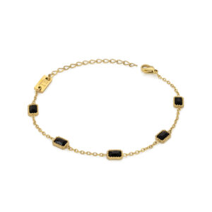 Pulseira discreta para mulher Elisa Gold em aço inoxidável dourado com pedras pretas da marca Twobrothers.