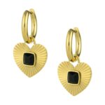 Brincos para mulher de argola com coração dourado em aço inoxidável antialérgico e uma pedra brilhante preta, da marca Twobrothers.