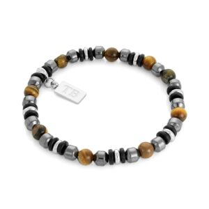 Pulseira Brown Stower, elástica com pedras naturais castanhas-cinzentas e aço inoxidável, ajustável ao pulso masculino da Twobrothers.