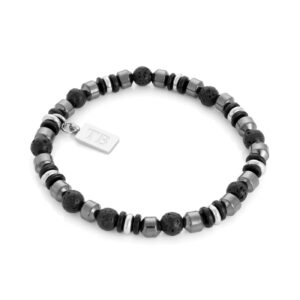 Pulseira Dark Stower, elástica com pedras naturais pretas-cinzentas e aço inoxidável, ajustável ao pulso masculino da Twobrothers.