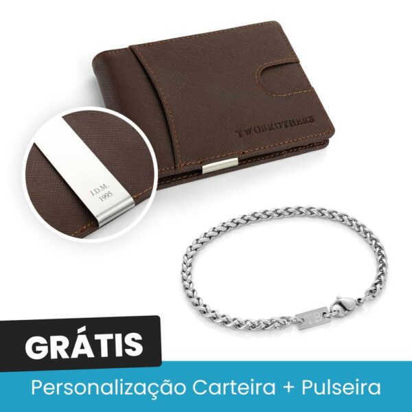 Pack Dia do Pai - Carteira Dallas Castanha c/ Gravação Personalizada e Pulseira Collin Grátis