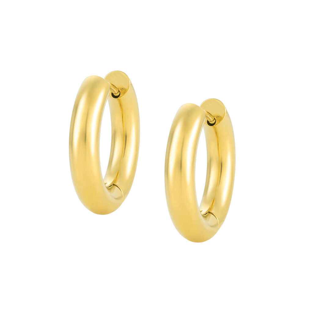 Brincos argola dourada 13mm, para mulher, em aço inoxidável antialérgico dourado e resistente à água, da marca Twobrothers.