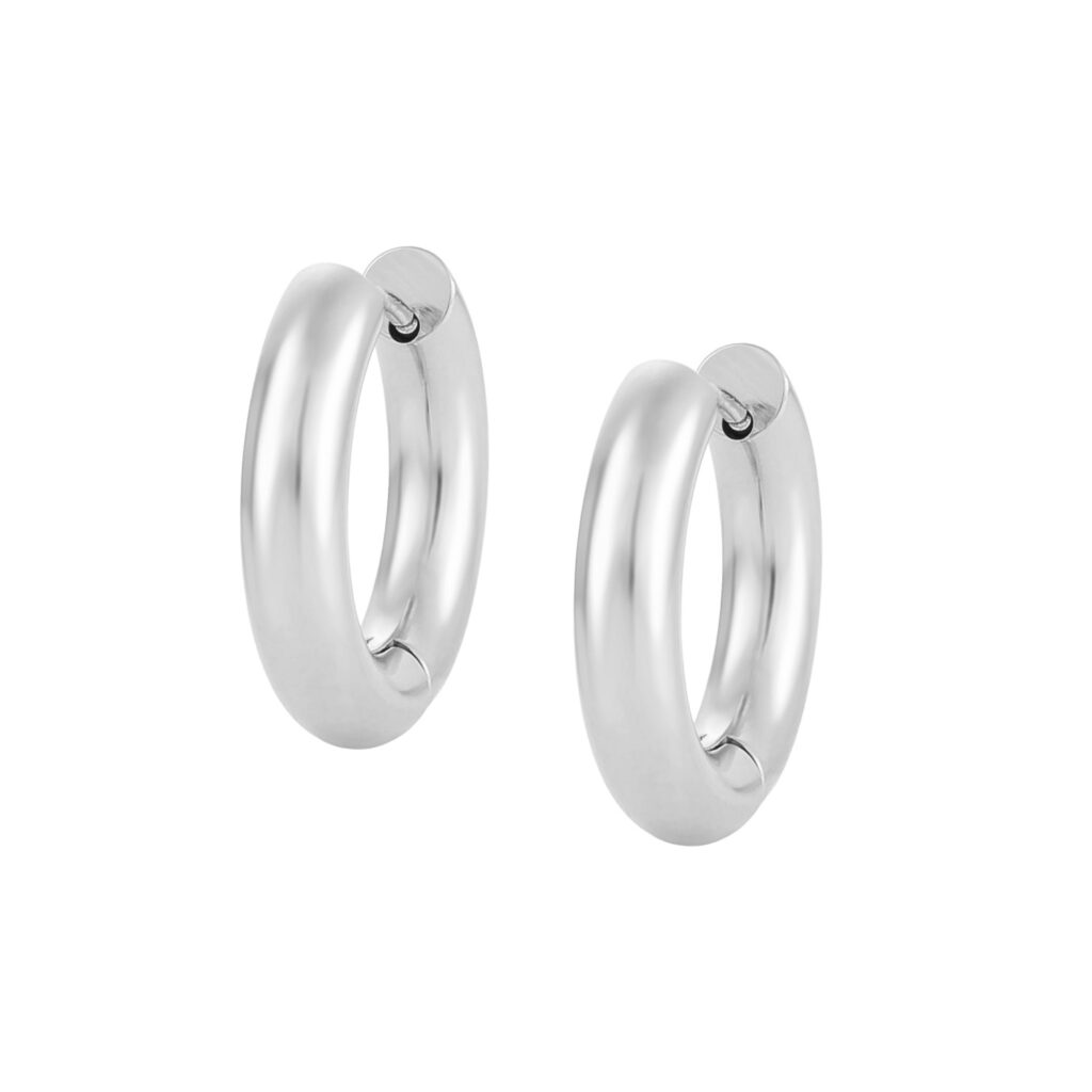 Brincos argola prateada13mm, para mulher, em aço inoxidável antialérgico e resistente à água, da marca Twobrothers.